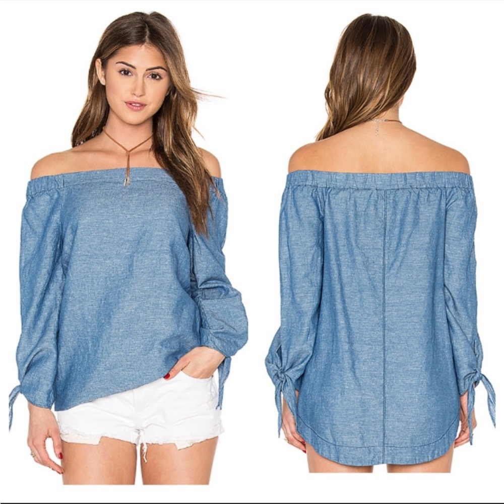 Free People linen/cotton Show Me Some Shoulder chambray blouse Sz XS
